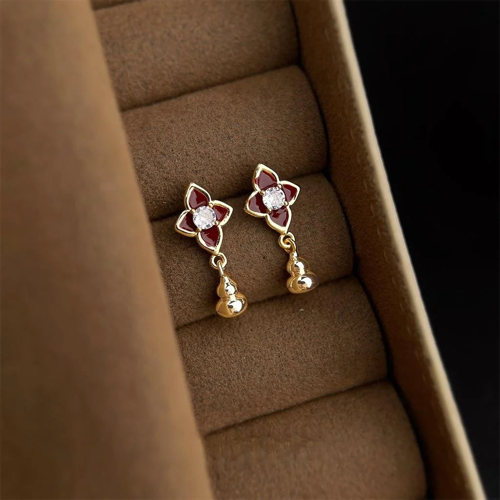 Light Luxury Copper Zircon Enamel Gourd Flower Geometric Drop Earrings