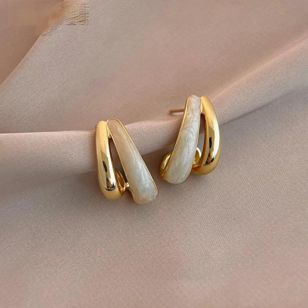 Korean Style Double Layer Geometric Ring Copper Stud Earrings With Enamel Metal Finish