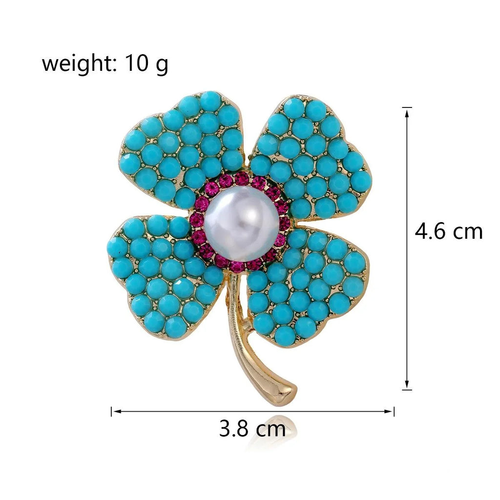 Elegant Four Leaf Clover Brooch With Turquoise Beads, Pearl And Rhinestone Lapel Pin Suit Accessory Gift