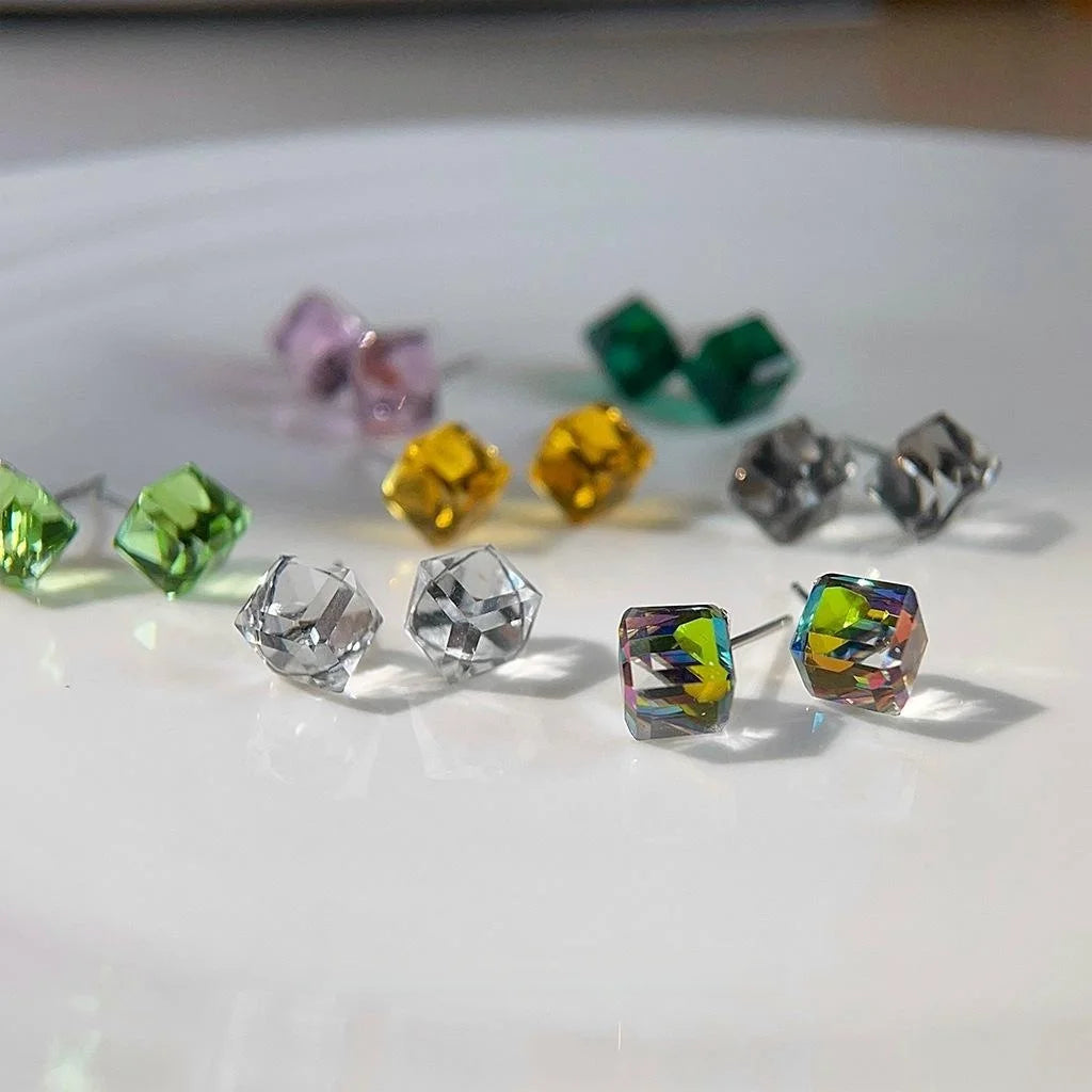 Silver Plated Copper Square Glass Crystal Stud Earrings Minimalist Geometric Fashion Jewelry