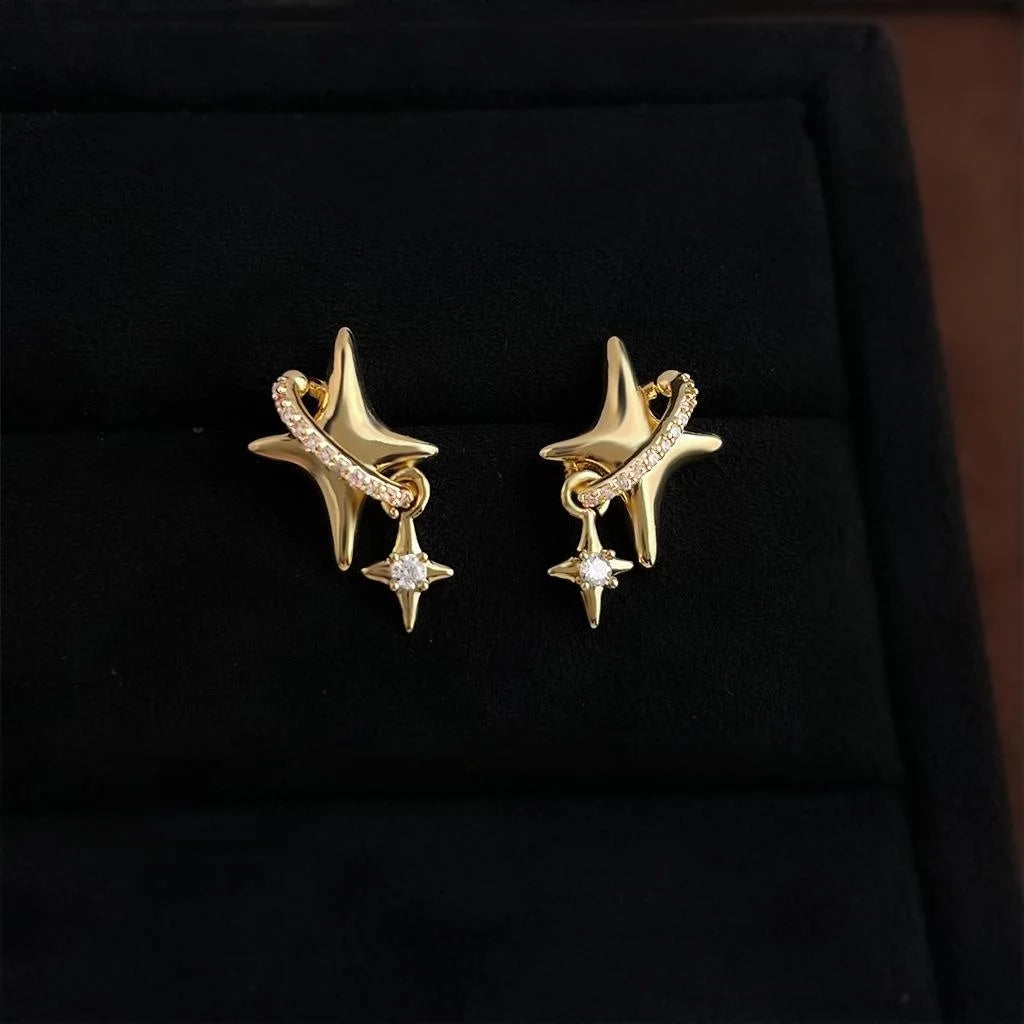 Original Starburst Zircon Copper Stud Earrings 14K Plated Light Luxury Jewelry