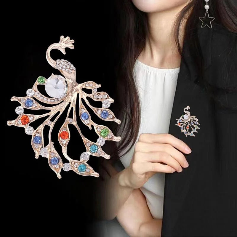 Elegant Gold Alloy Peacock Brooch With Colorful Rhinestones, Luxury Lapel Pin Corsage Gift