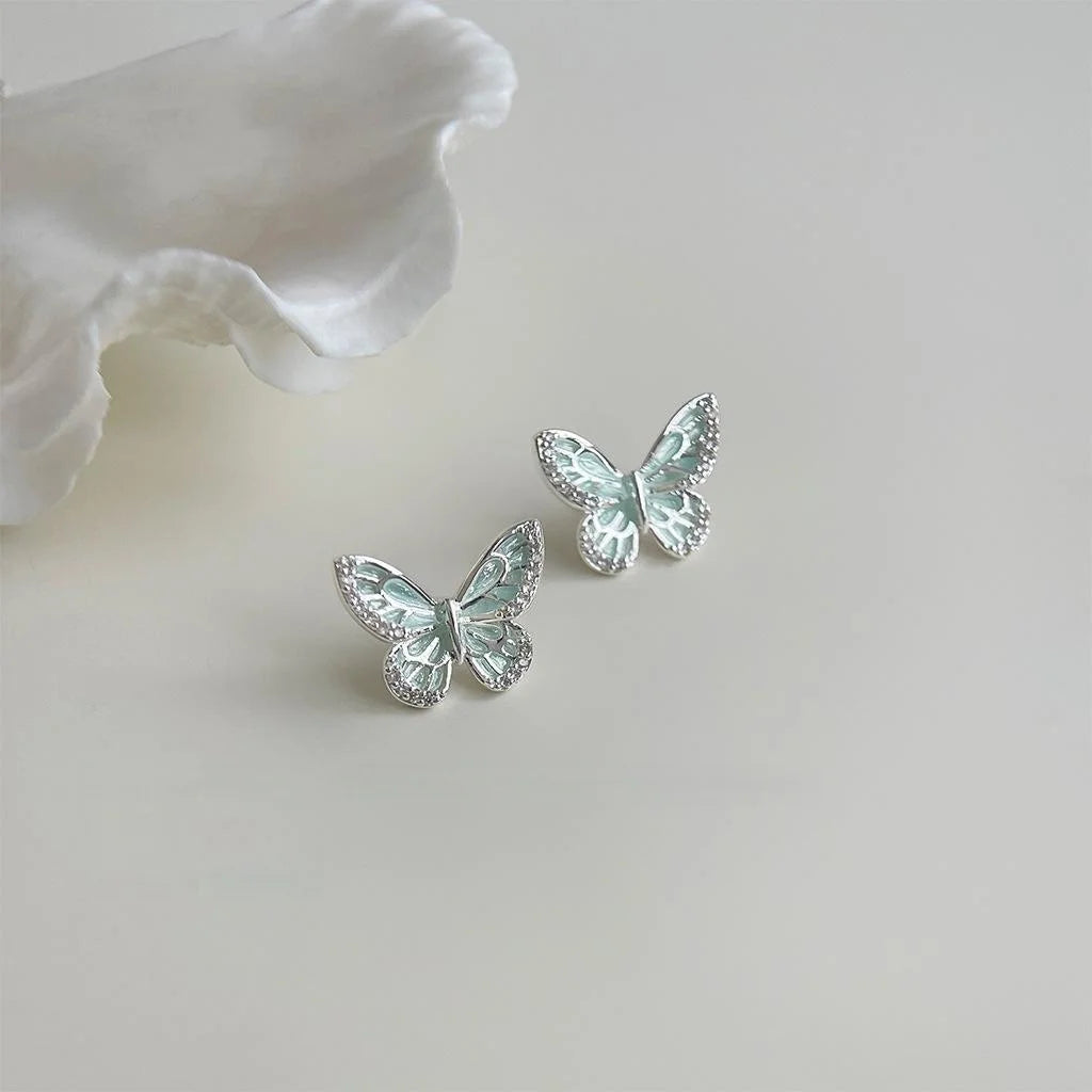 Sweet Mint Green Enamel Butterfly Stud Earrings Copper Micro Pave Zircon Jewelry