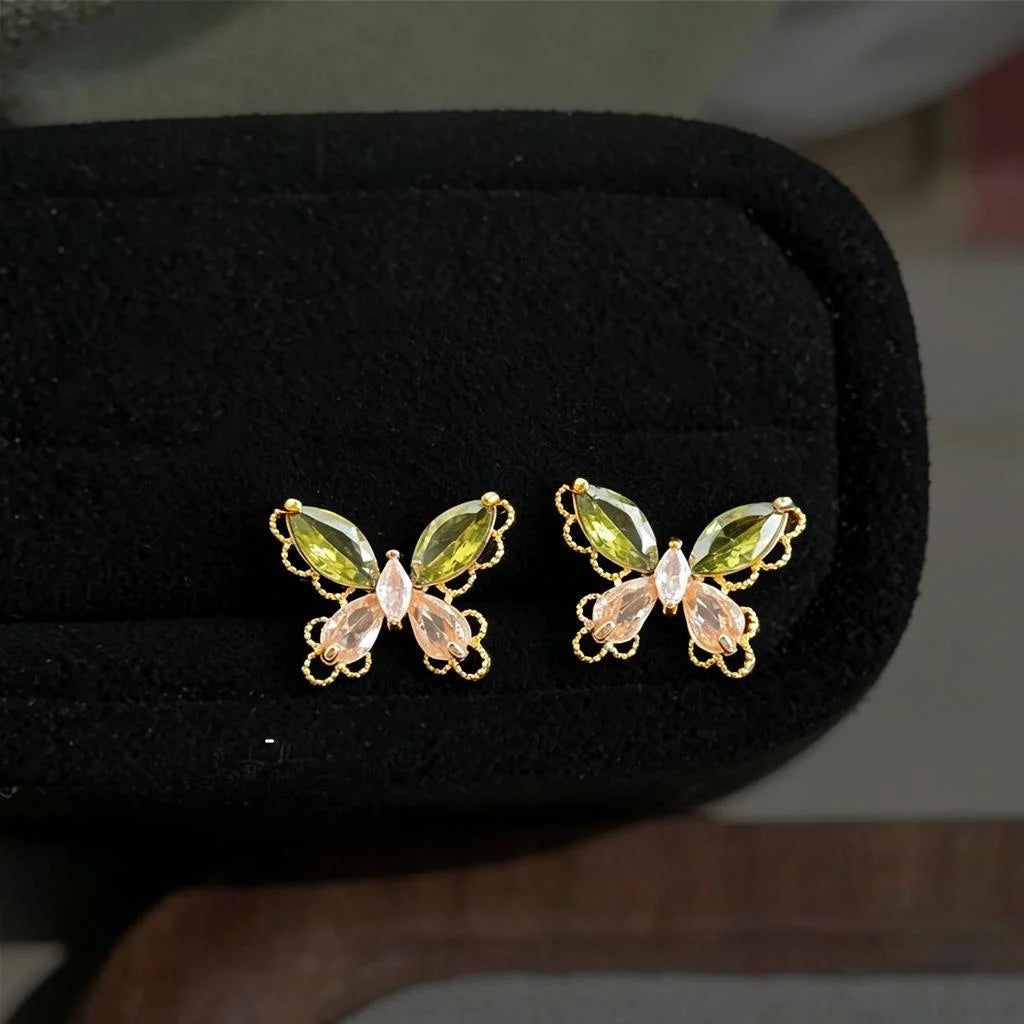 Light Luxury Forest Style Olive Green Zircon Butterfly Copper Stud Earrings for Women