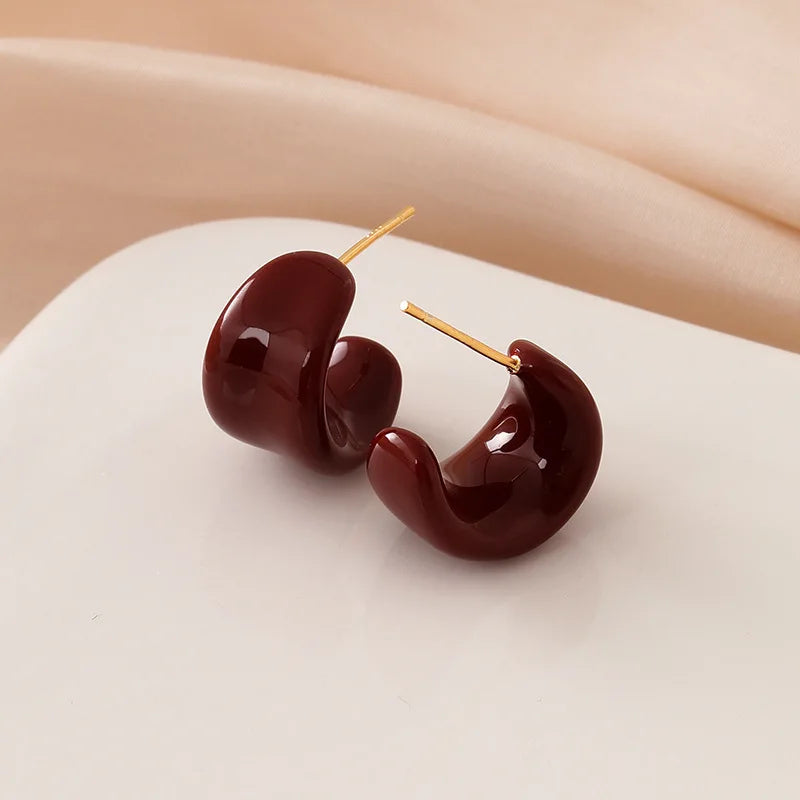 Elegant Burgundy Enamel Spiral Hoop Stud & Clip On No Piercing Chunky C Shape Alloy Ear Cuff Earrings