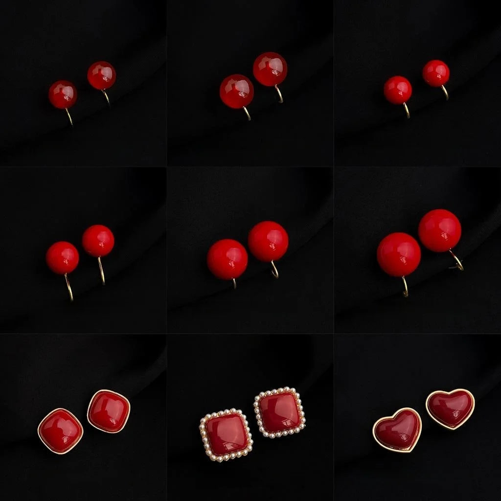French Retro Gold Plated Copper Burgundy Enamel Geometric Clip On Drop Earrings
