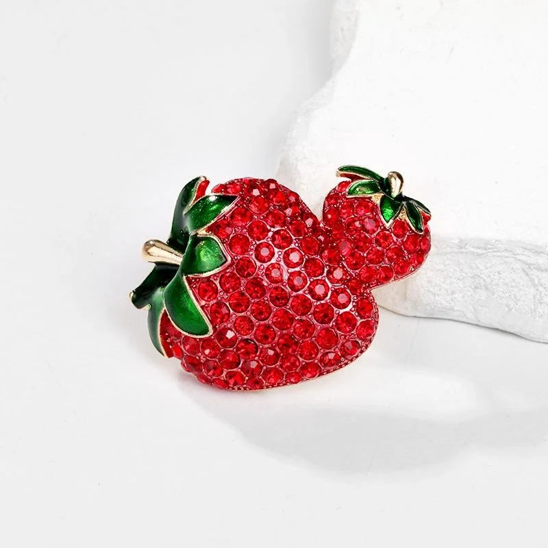 Luxury Full Rhinestone Double Strawberry Alloy Enamel Brooch, Cute Fruit Lapel Pin Corsage Gift