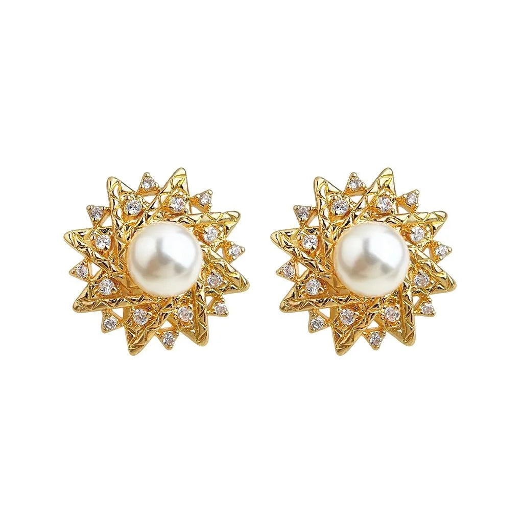 High Luster Pearl And Zircon Sun Geometric Micro Pave Stud Earrings Light Luxury Jewelry