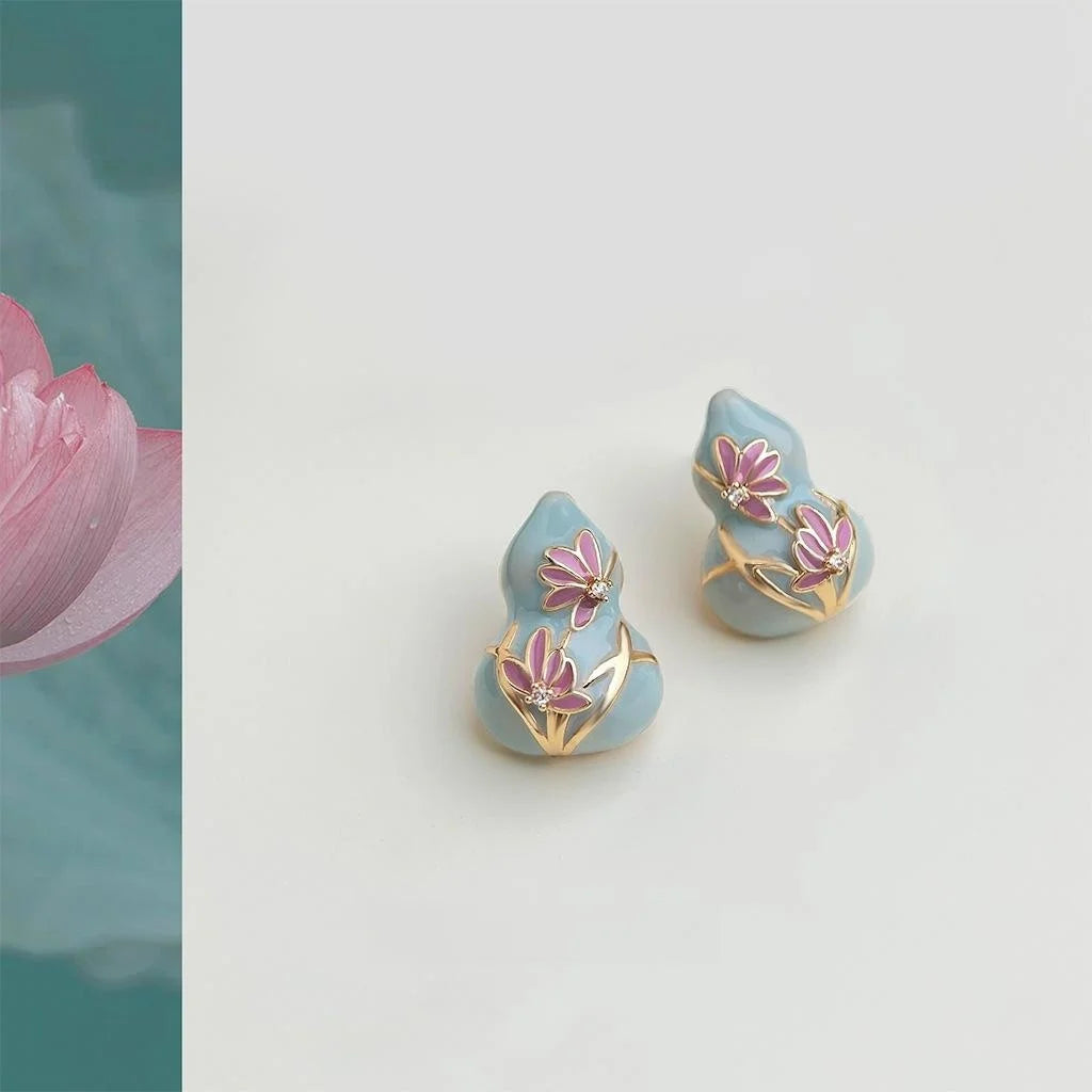 Chinese Style Enamel Painted Copper Lotus Gourd Stud Earrings