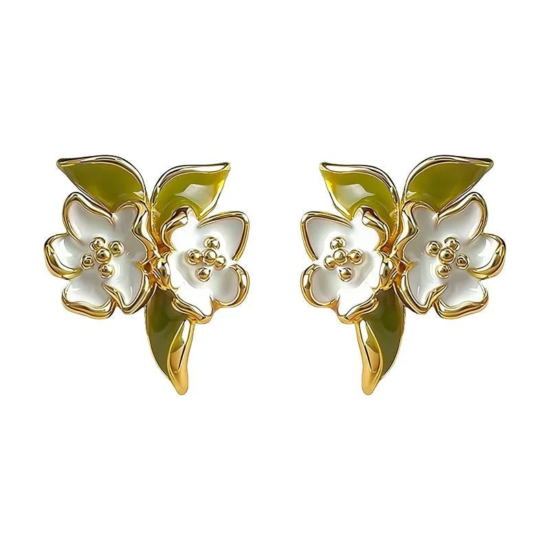 Pastoral Gardenia Flower Hand Painted Enamel Copper Stud Earrings