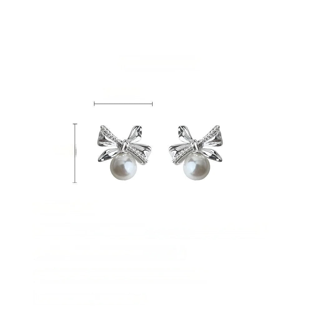 Fashion Silver Bow Glass Pearl Stud Earrings Eco-Friendly Copper Geometric Sweet Jewelry