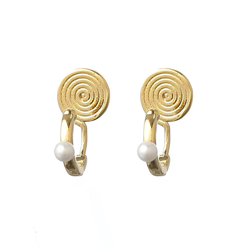 Elegant Gold Alloy Spiral Hoop Pearl Stud & Clip On No Piercing Ear Cuff Korean Style Earrings