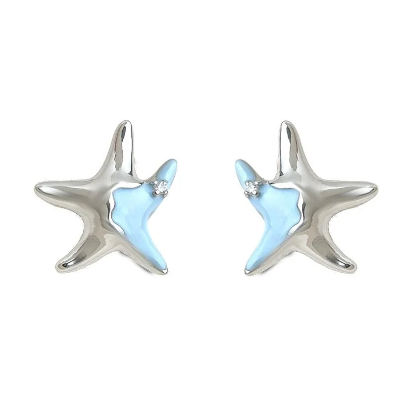 Sweet Blue Enamel Starfish Stud Earrings Silver Plated Copper Ocean Designer Jewelry