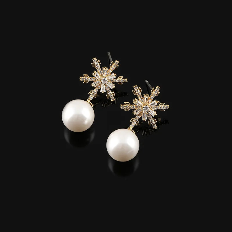 Luxury Snowflake Zircon Starburst Pearl Drop Gold Alloy Stud & Clip On No Piercing Earrings