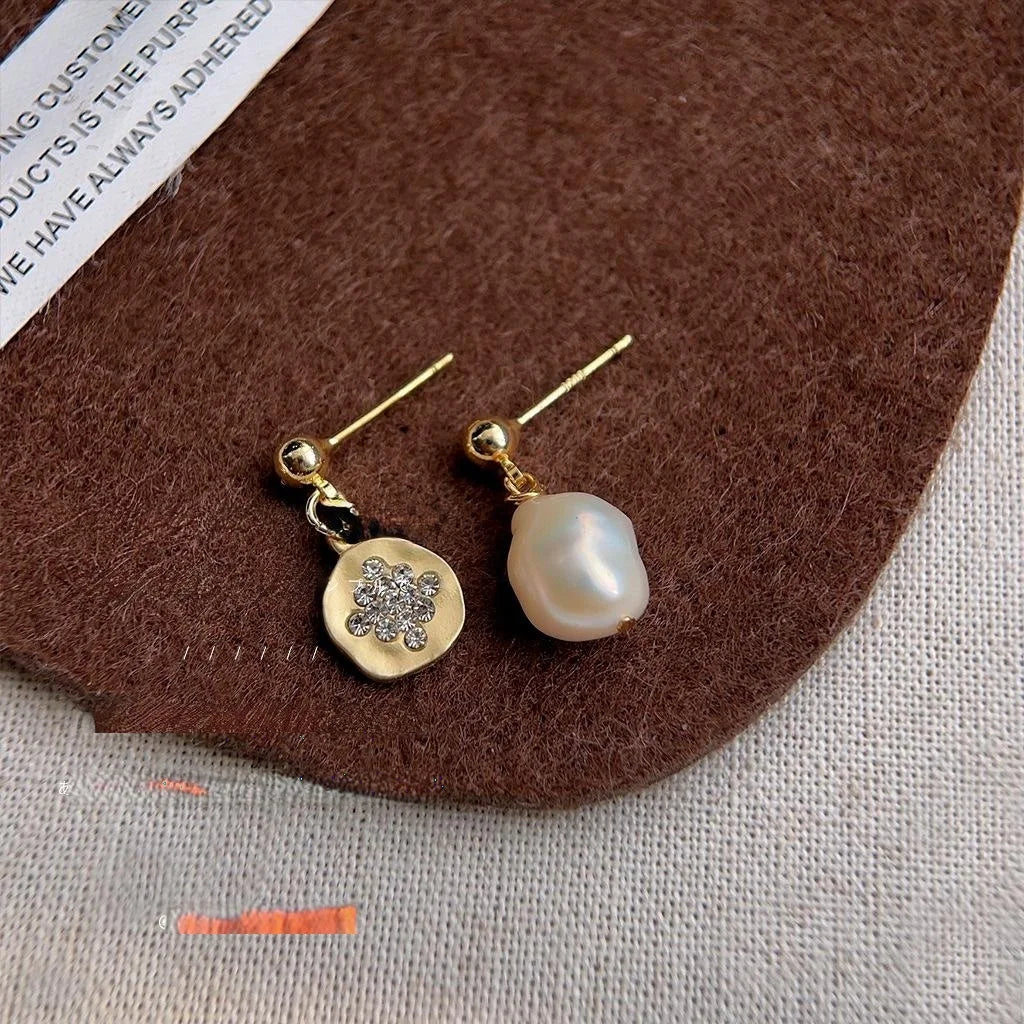French Vintage Baroque Freshwater Pearl Asymmetric Irregular Copper Drop Earrings