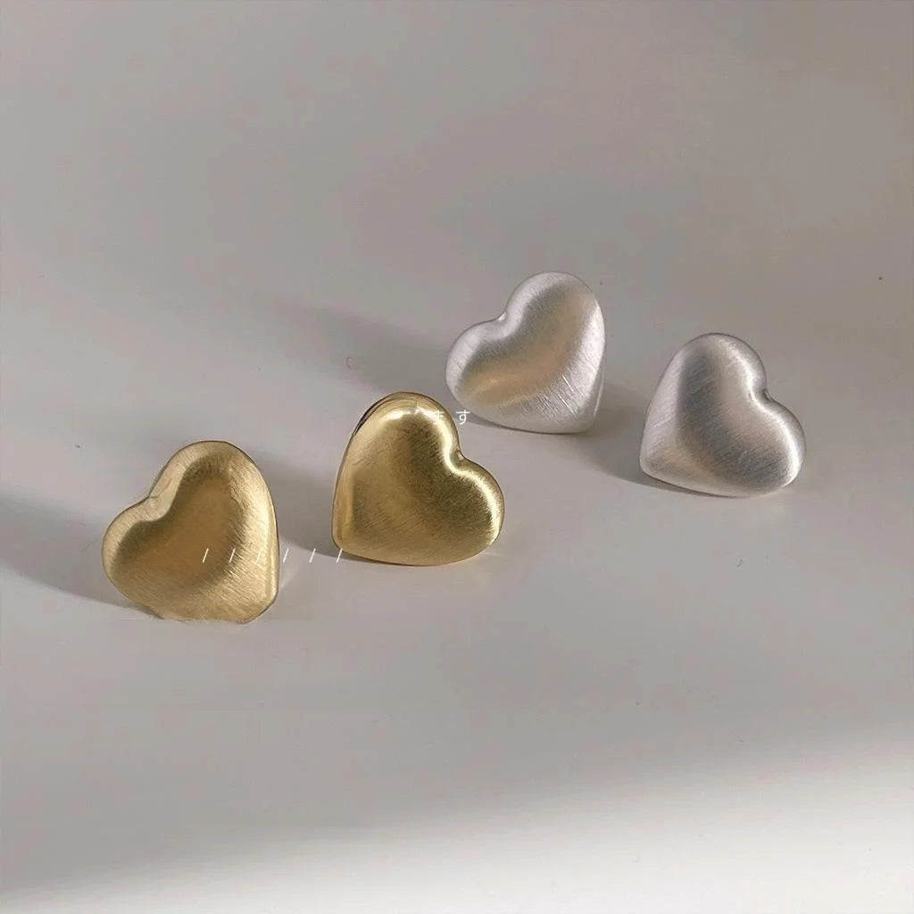 Brushed Matte Heart Stud Earrings Copper Silver Plated Pin Minimalist Everyday Jewelry