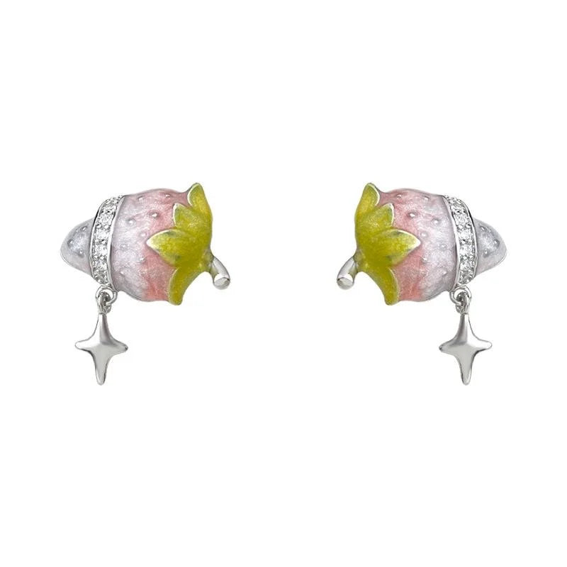 Sweet Strawberry Star Copper Stud Earrings, Cute Cream Girl Designer Style