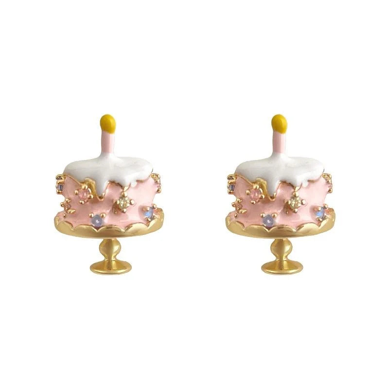 Original Designer Cute Birthday Cake Enamel Painted Copper Zircon Stud Earrings For Women