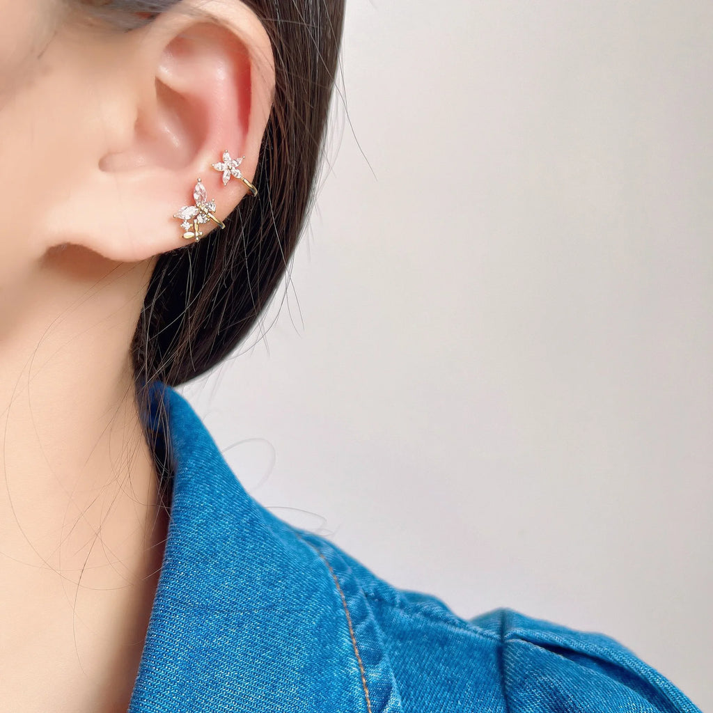 Elegant Gold Alloy Micro Pave Zircon Butterfly Flower Ear Cuff Stud & Clip On No Piercing Earrings