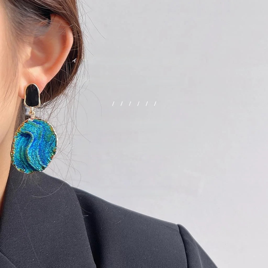14K Gold Plated Klein Blue Textured Resin Oval Wave Stud Earrings