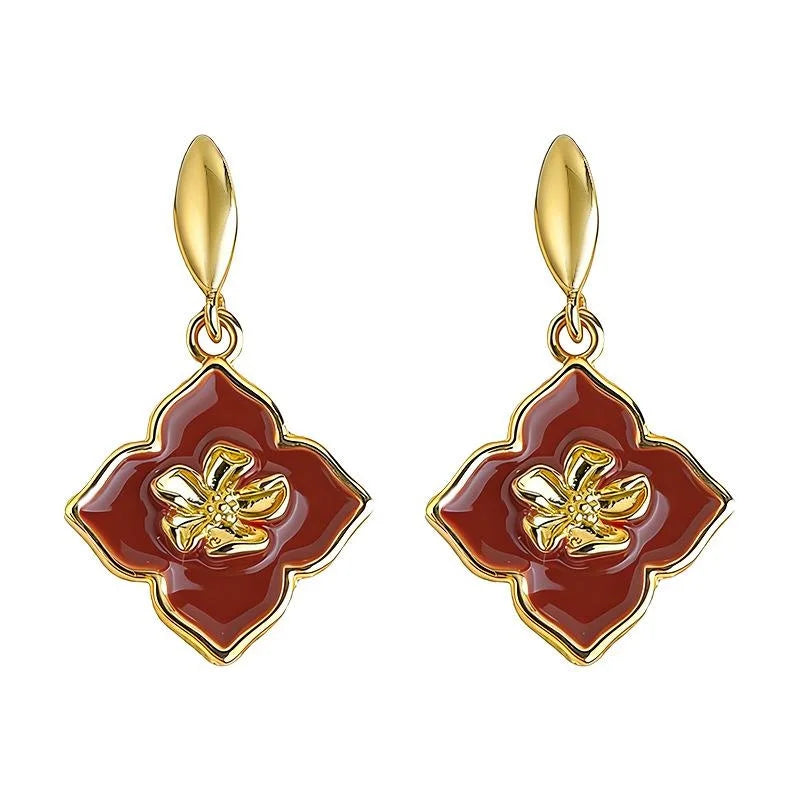 Vintage Enamel Glazed Copper Flower Drop Earrings, French Minimalist Hong Kong Style