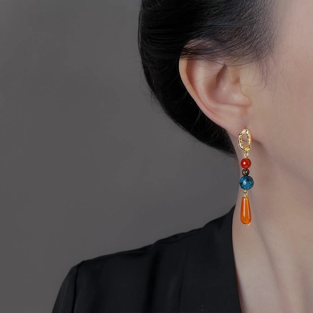 Vintage Ethnic Copper Red Agate Tiger Eye Geometric Tassel Drop Earrings
