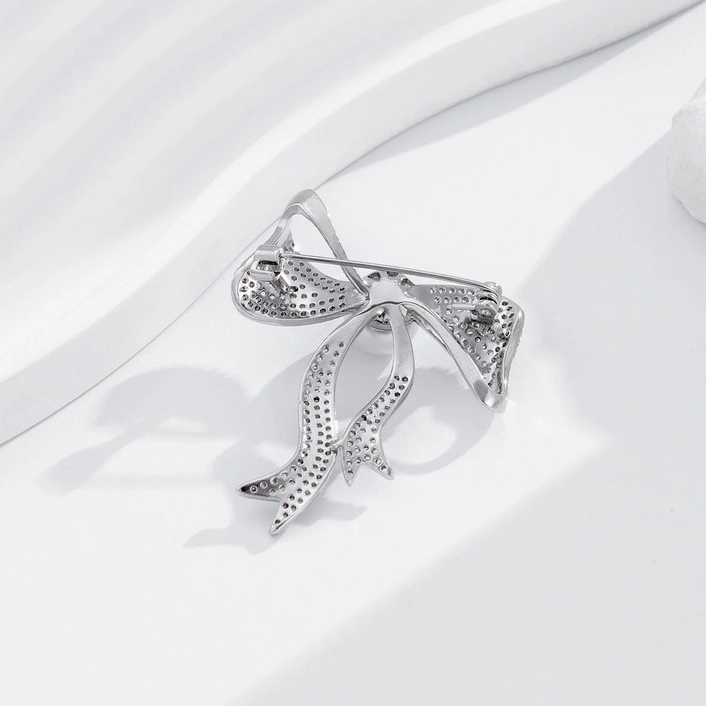 Elegant Rhinestone Bow Brooch With Faux Pearl Center, Silver Alloy Lapel Pin Corsage Suit Accessory