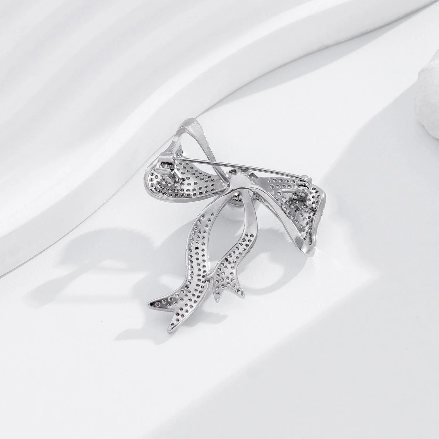 Elegant Rhinestone Bow Brooch With Faux Pearl Center, Silver Alloy Lapel Pin Corsage Suit Accessory