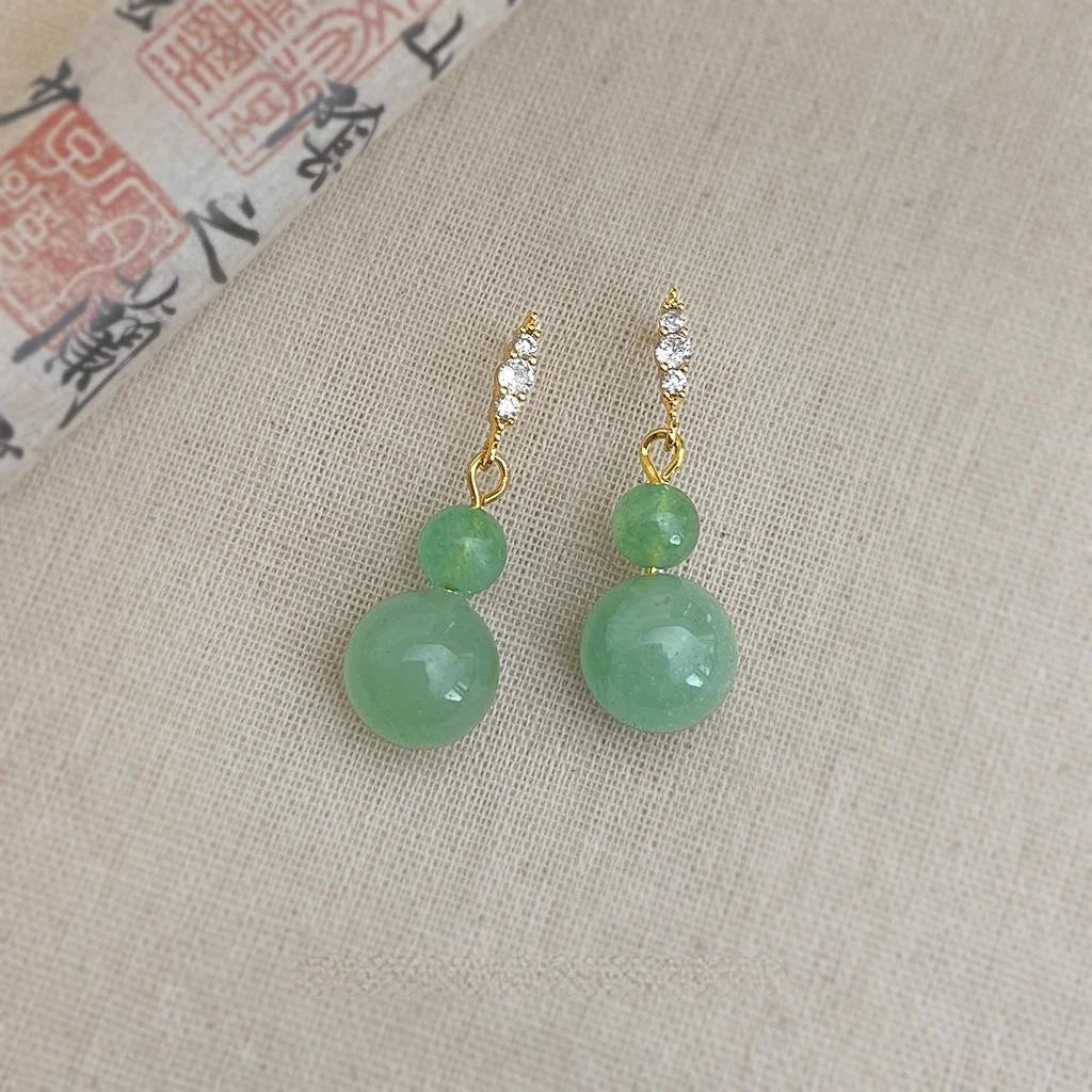 New Chinese Vintage Palace Style Gourd Aventurine Zircon Copper Drop Earrings