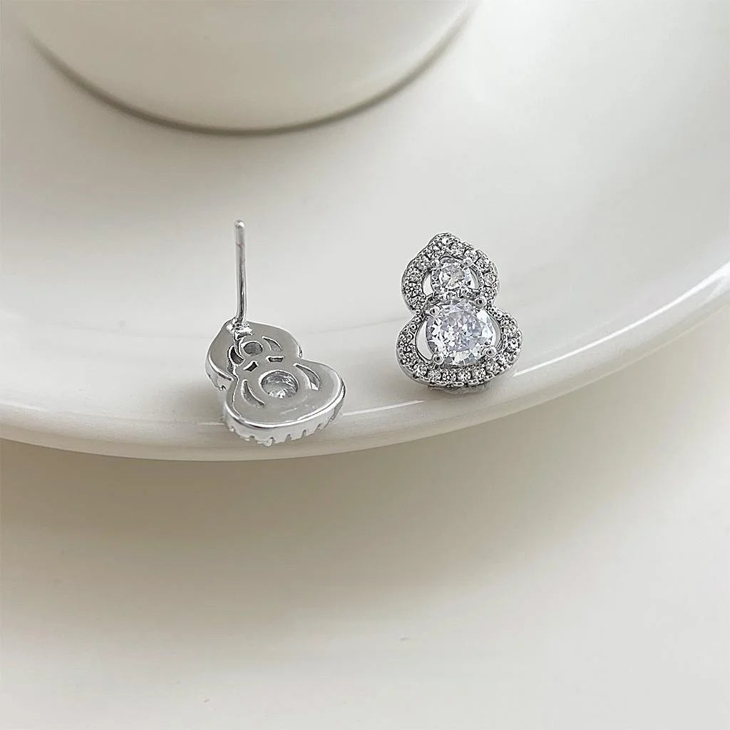Light Luxury Copper Zircon Gourd Stud Earrings, Geometric Minimalist Jewelry