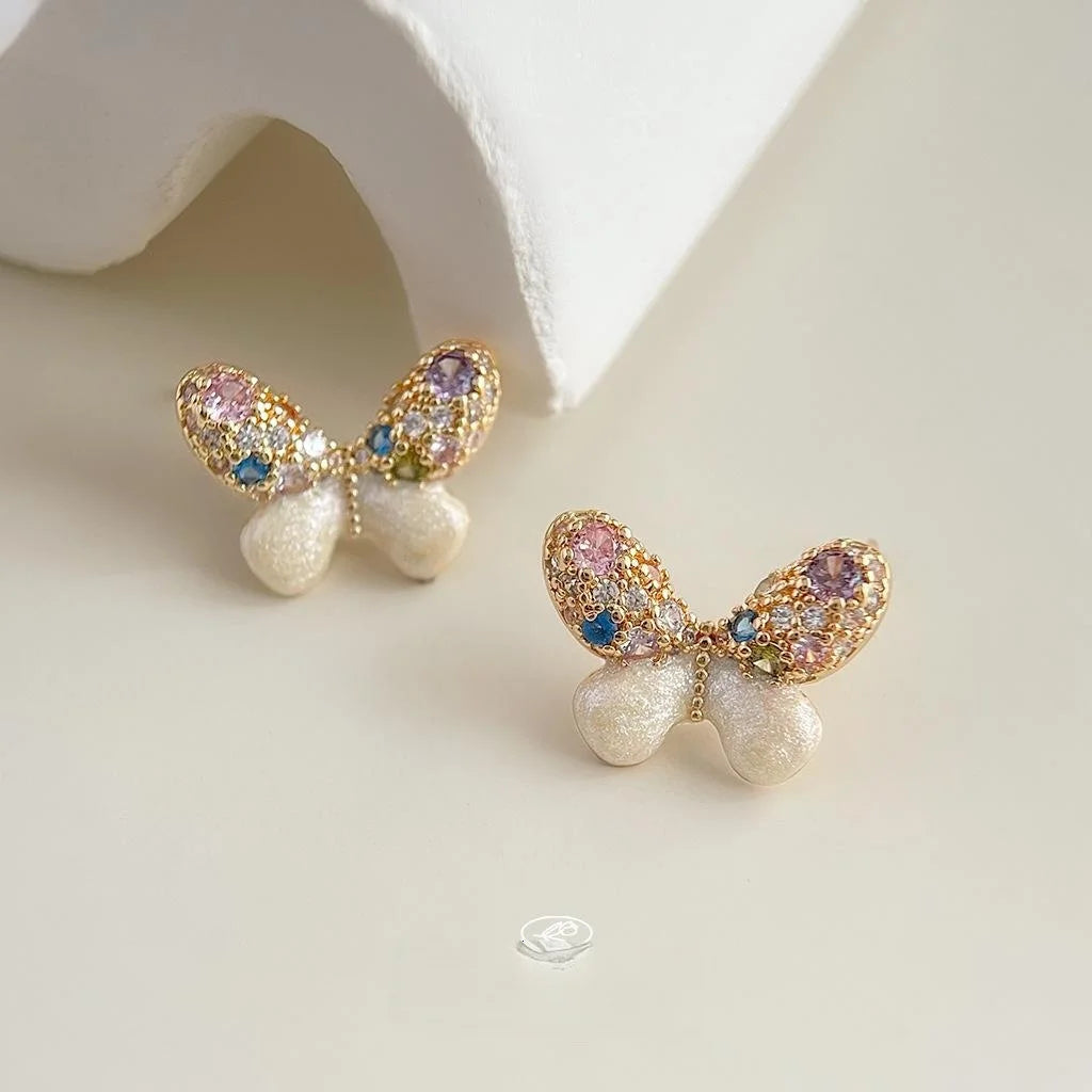 14K Gold Plated Copper Butterfly Stud Earrings With Colorful Zircon Micro Pave And Enamel