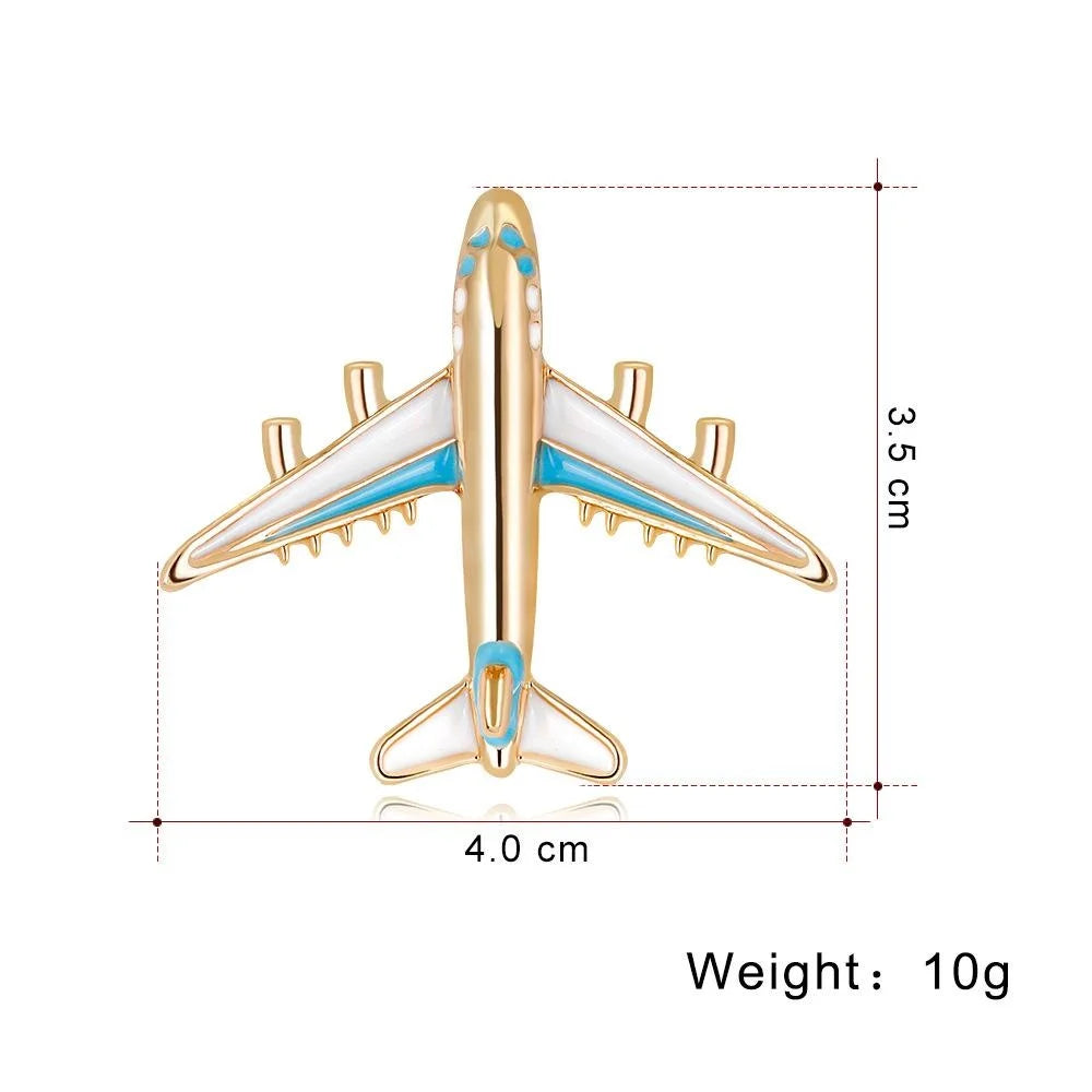 Luxury Airplane Alloy Enamel Brooch Gold Tone Plane Lapel Pin Corsage Suit Accessory Gift