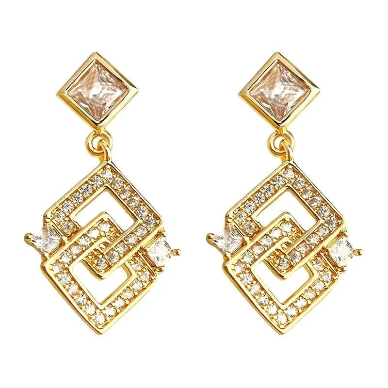 Light Luxury Geometric Square Zircon Copper 14K Plated Drop Earrings