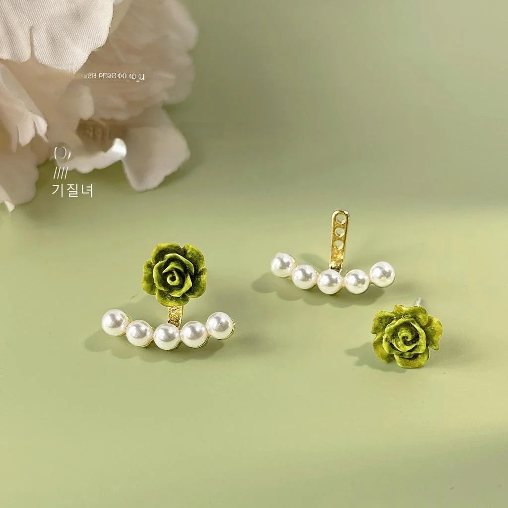 14K Gold Plated Copper Pearl Flower Stud Earrings Two Way Fresh Style