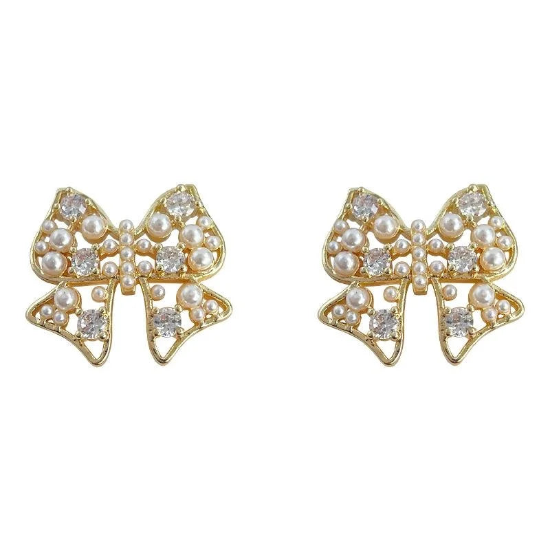 14K Gold Plated Copper Bow Stud Earrings Micro Pave Zircon Hollow Light Luxury Jewelry