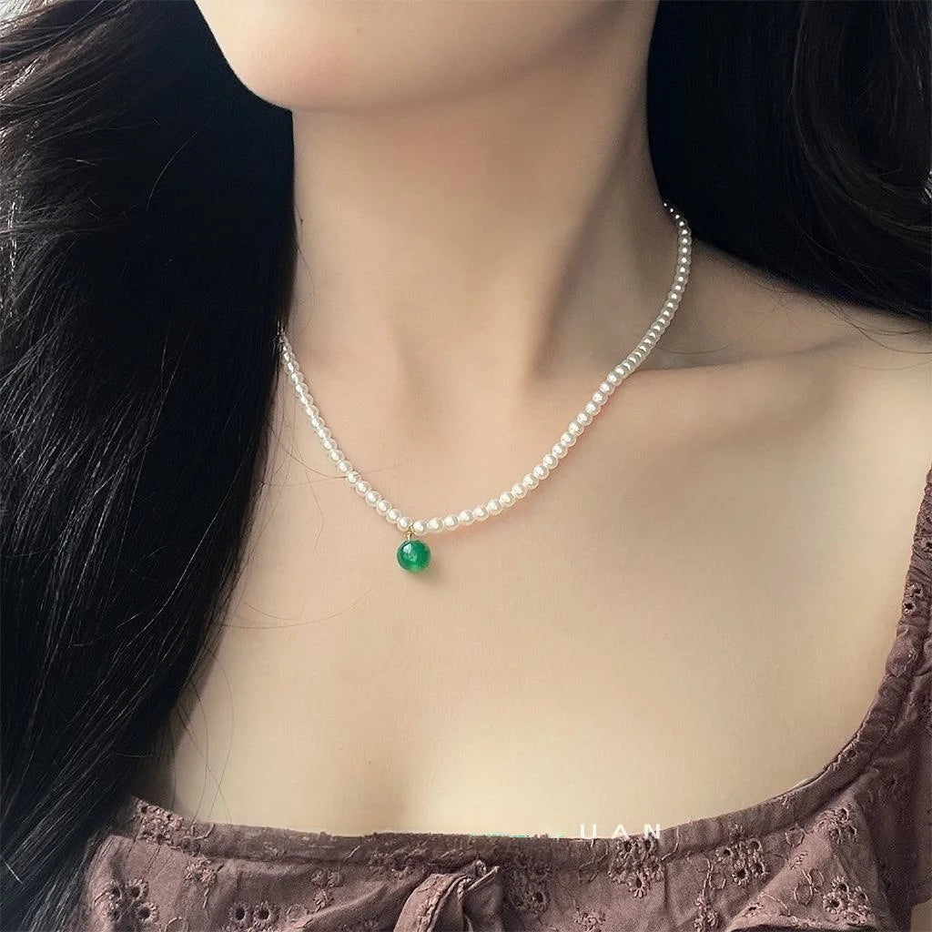 Light Luxury Red And Green Agate Glass Pearl Geometric Choker Necklace