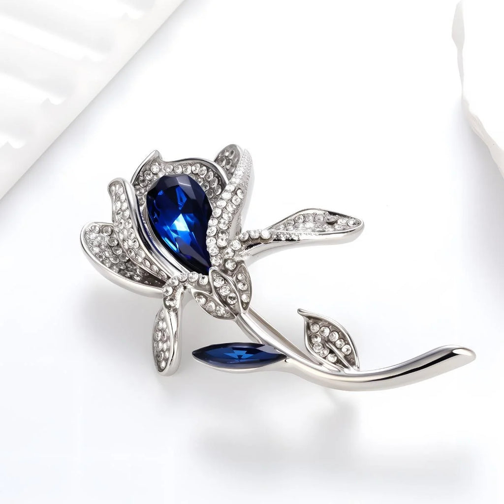 Elegant French Tulip Flower Brooch With Blue Crystal And Rhinestone Petals, Luxury Lapel Pin Gift