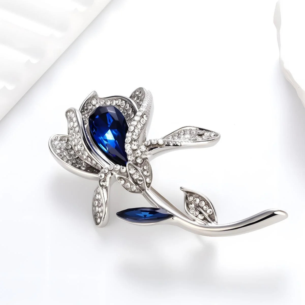 Elegant French Tulip Flower Brooch With Blue Crystal And Rhinestone Petals, Luxury Lapel Pin Gift