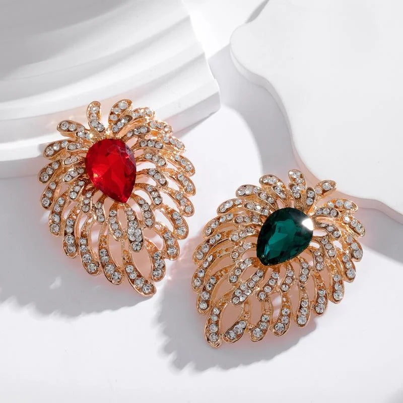 Vintage Peacock Tail Brooch With Red Glass Teardrop And Rhinestone Feather, Elegant Lapel Pin Gift