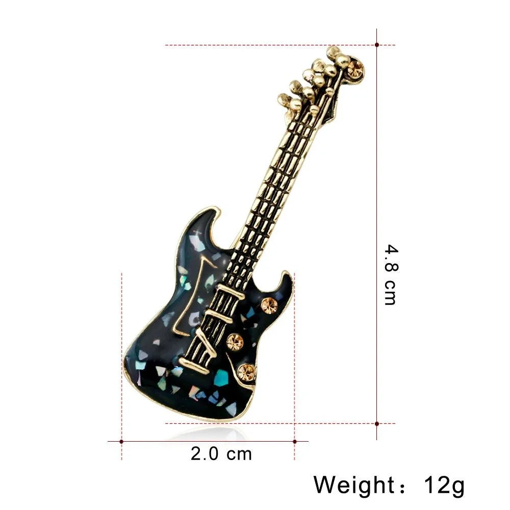 Vintage Guitar Brooch With Mother Of Pearl Shell And Rhinestone, Unisex Instrument Lapel Pin Suit Accessory