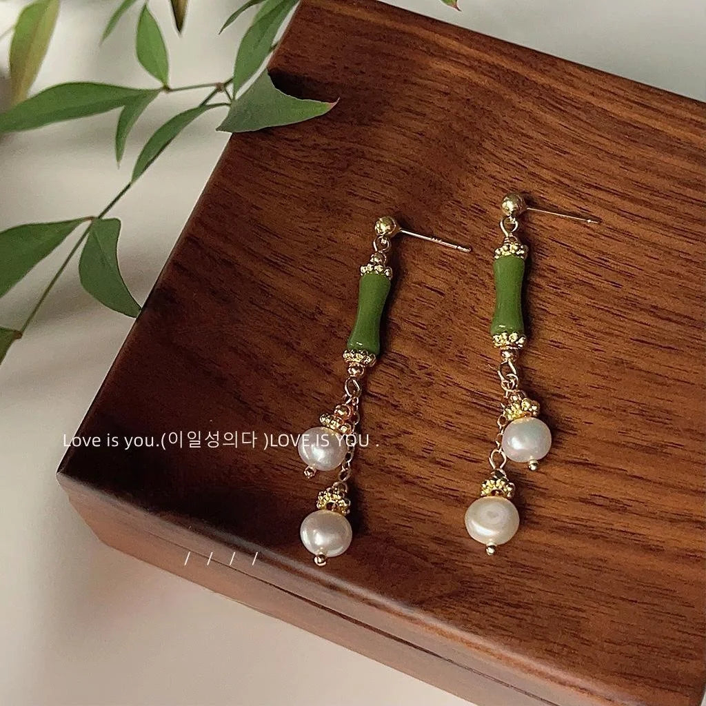 Original Design Copper Stud Earrings With Freshwater Pearl Tassel Bamboo Geometric Forest Style