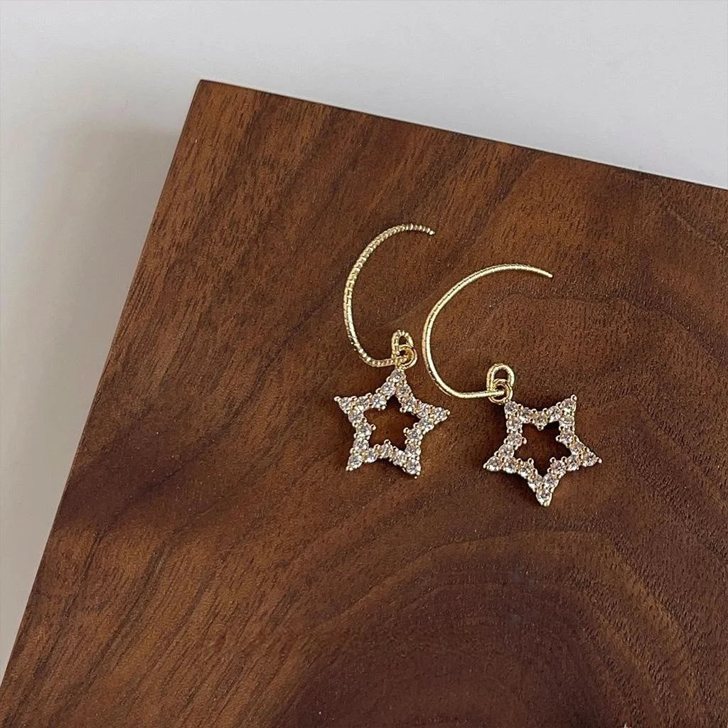 14K Gold Plated Copper Micro Pave Zircon Five Point Star Drop Earrings French Vintage Jewelry