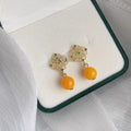 French Vintage Geometric Round Faux Amber Copper 14K Plated Stud Earrings For Women