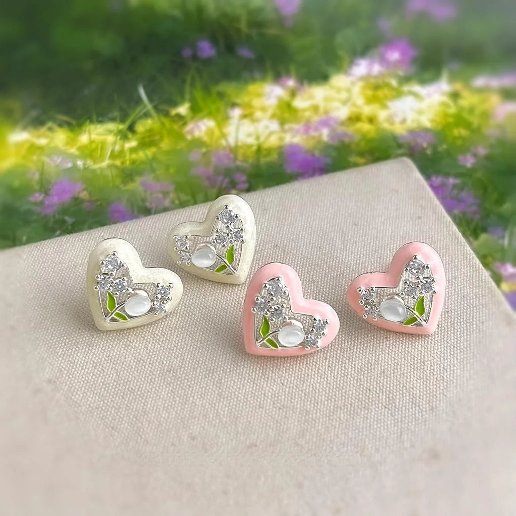 Sweet Tulip Heart Zircon Enamel Copper Stud Earrings With Silver Plated Pins