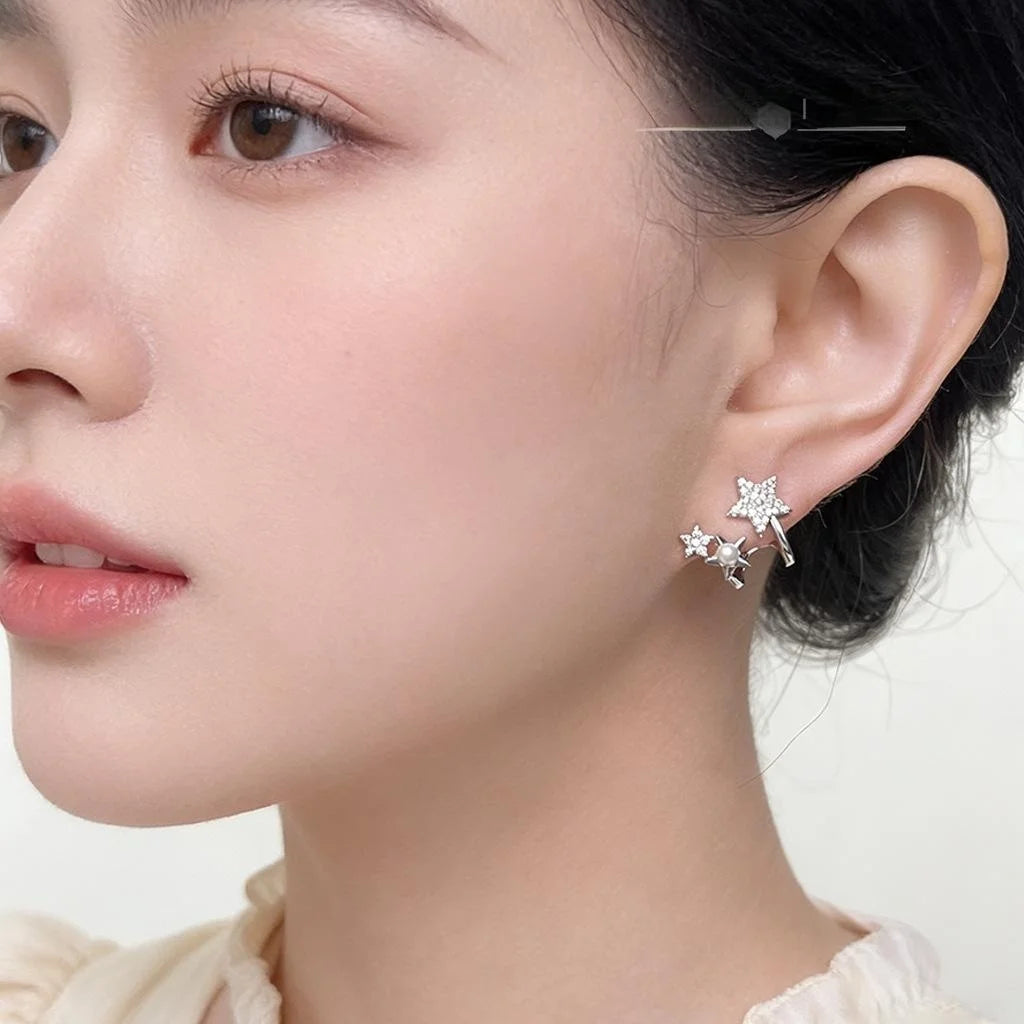 Sweet Cool Copper Micro Pave Zircon Double Layer Star Stud Earrings Minimalist Commuter Jewelry