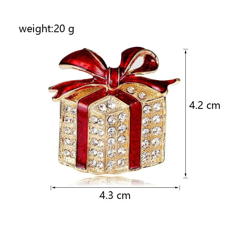 Luxury Christmas Gift Box Brooch With Red Enamel Bow And Rhinestones, Elegant Lapel Pin Corsage Gift