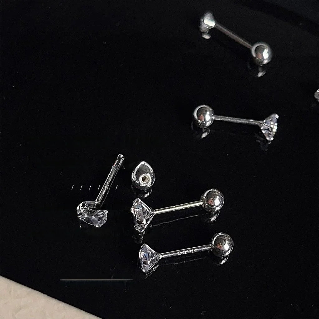 Trendy Copper Zircon Screw Back Stud Earrings For Women, Round Geometric Cartilage Jewelry