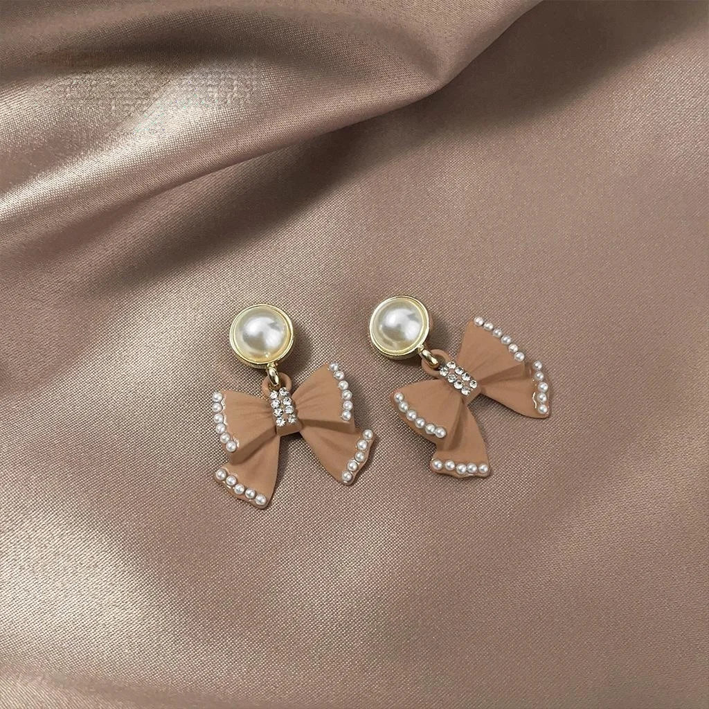 Princess Style Pink Pearl Bow Drop Earrings Copper Handmade Knot Elegant Cute Jewelry