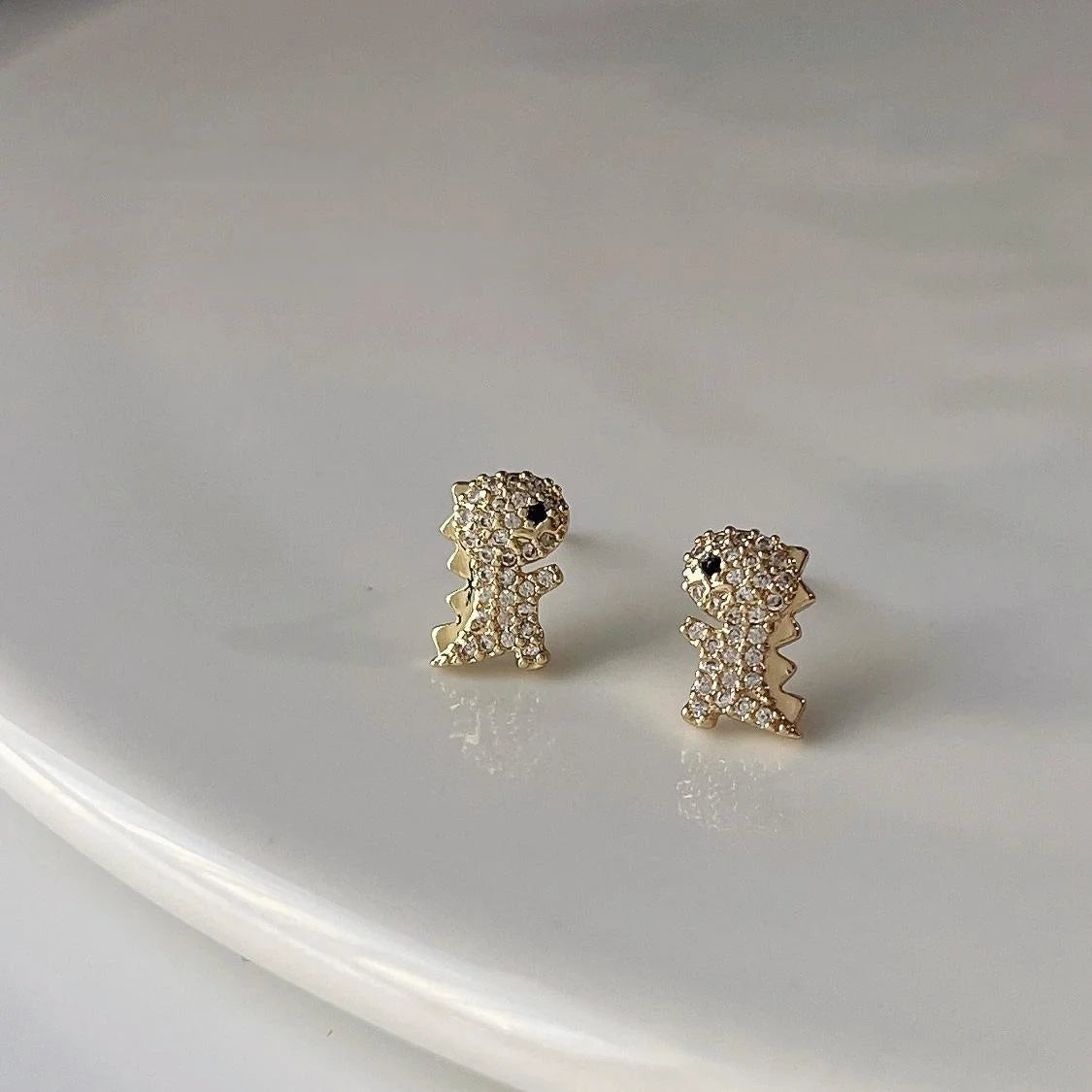 Mini Dinosaur Stud Earrings For Women 14K Plated Copper Micro Pave Zircon Cute Animal Jewelry