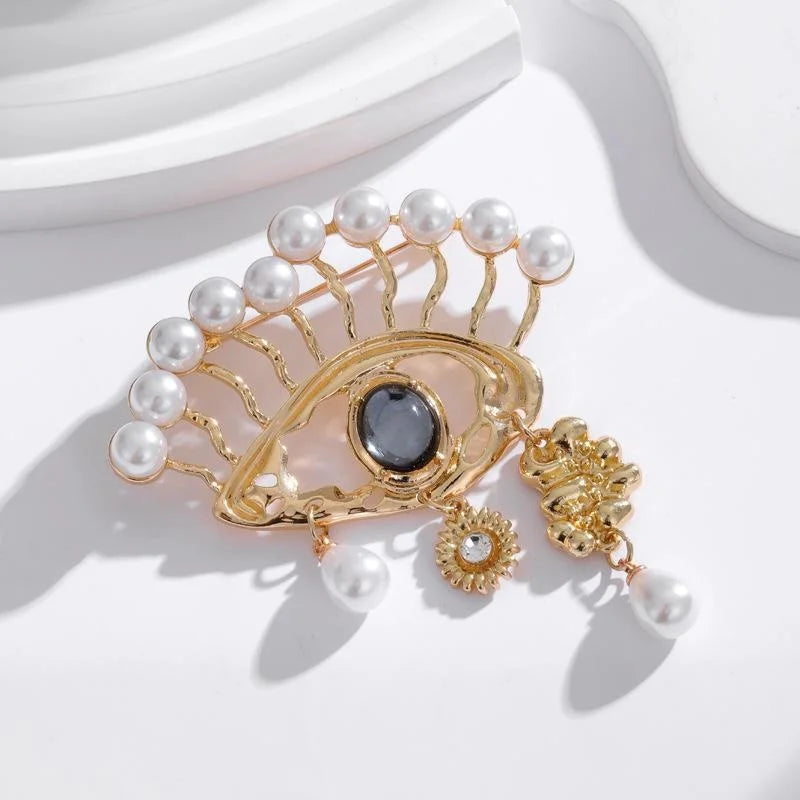 Luxury Evil Eye Pearl Rhinestone Tassel Brooch, Gold Alloy Statement Lapel Pin Suit Accessory Gift